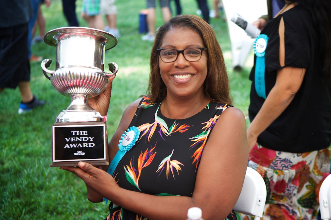 Public Advocate Letitia James, one of the judges, holds the Vendy Cup<br>